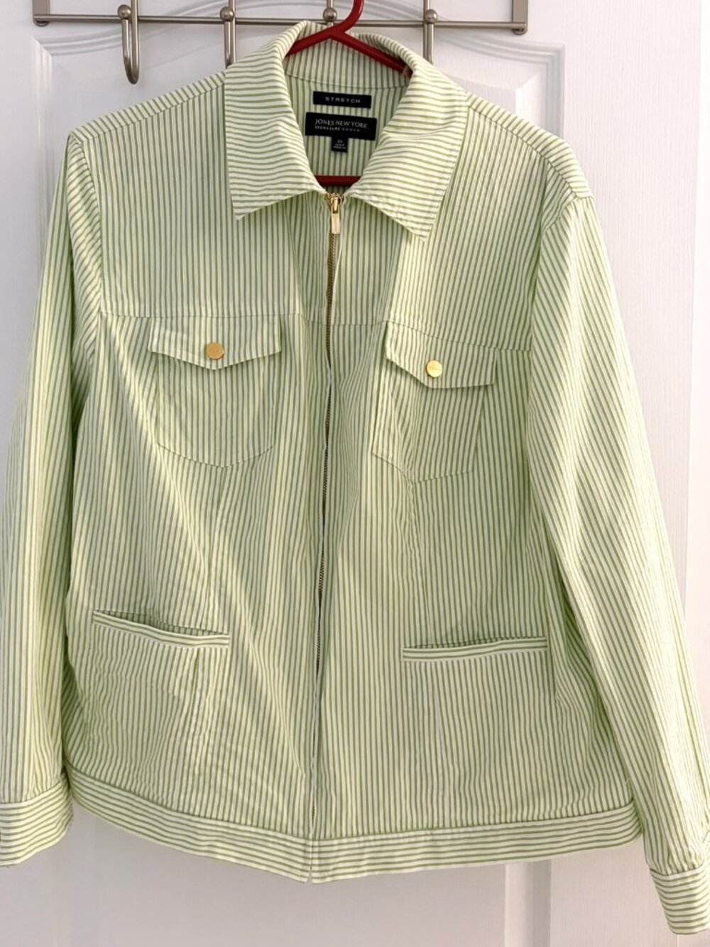 Jones New York Signature Green & White Striped Seersucker Full-Zip Jacket 2X